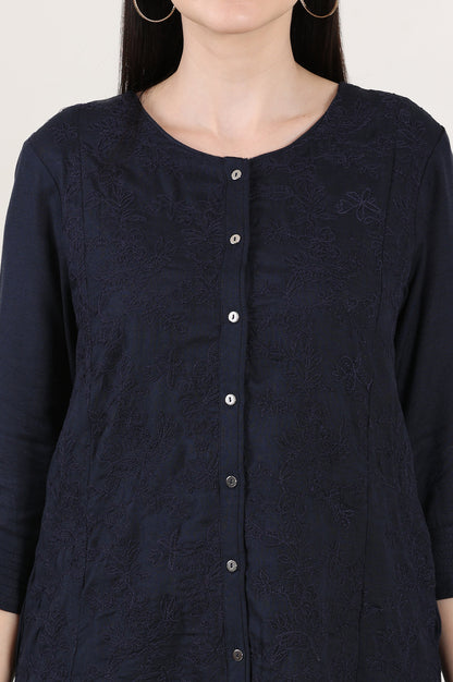 Blue Button Down Rayon Flax Embroidered Top