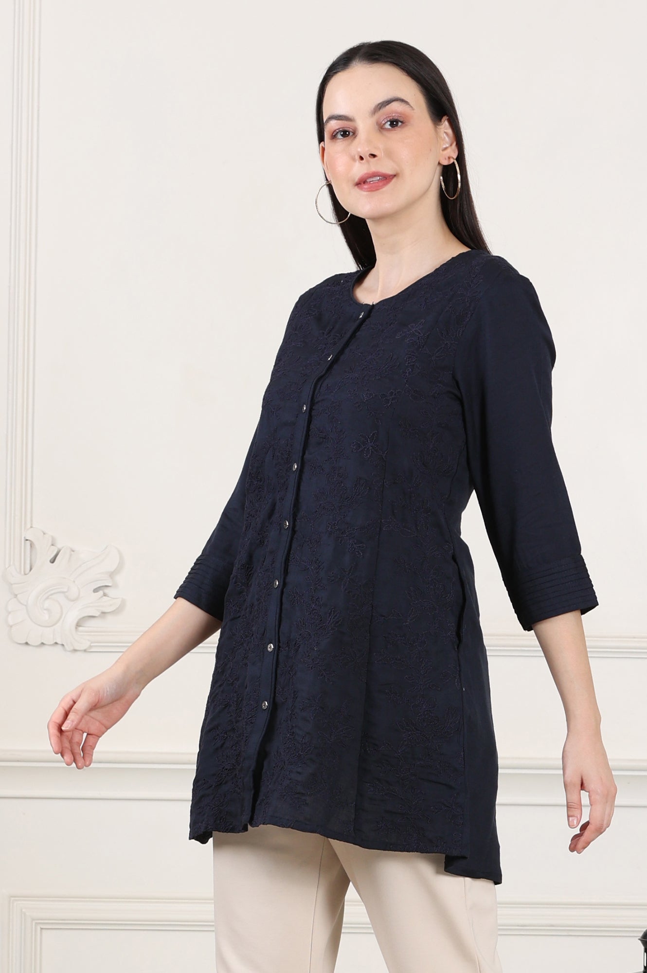 Blue Button Down Rayon Flax Embroidered Top