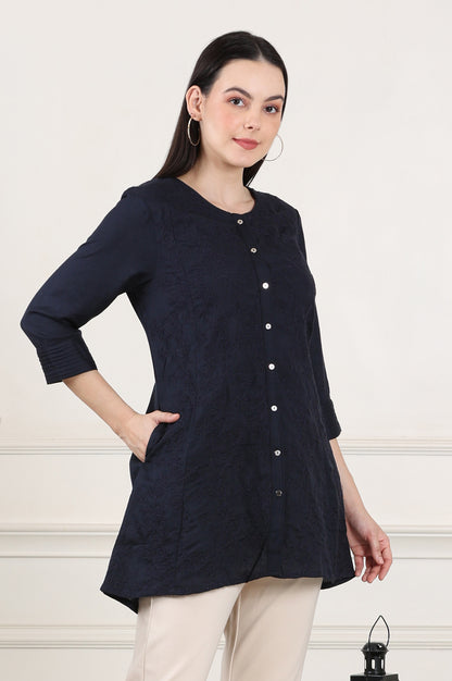 Blue Button Down Rayon Flax Embroidered Top