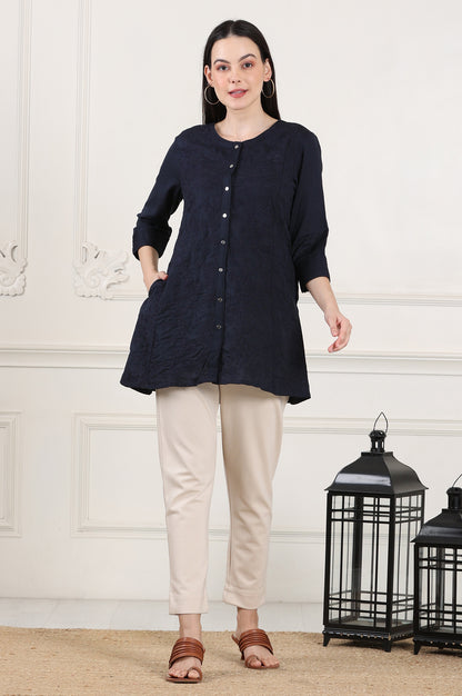 Blue Button Down Rayon Flax Embroidered Top