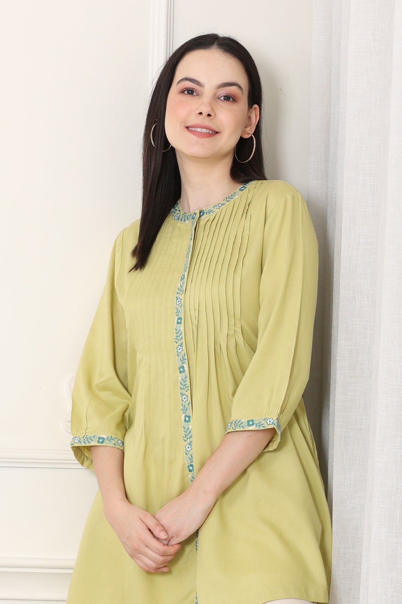 Green Solid Rayon Button Down Top With Thread Work And Pintucks