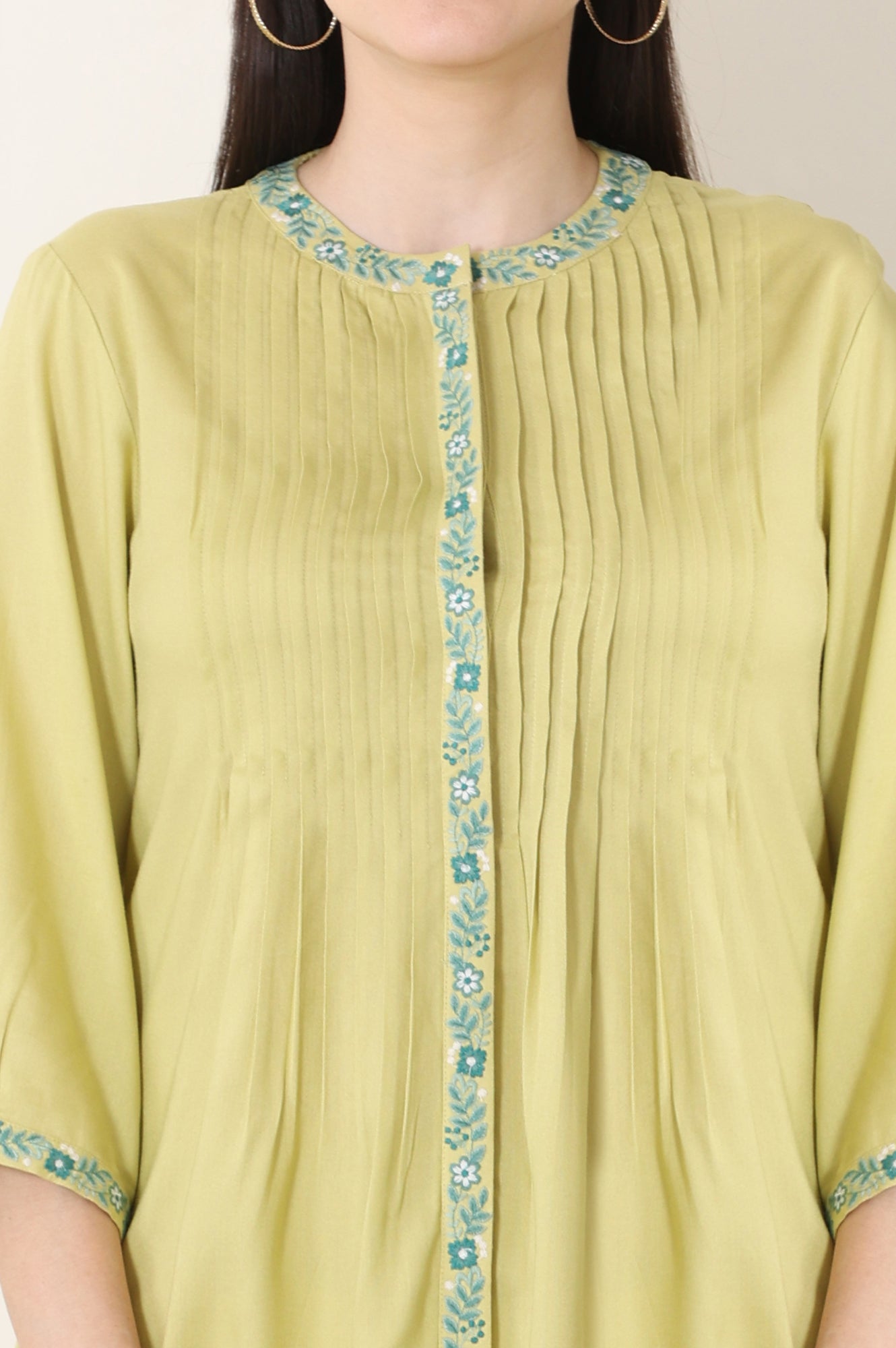 Green Solid Rayon Button Down Top With Thread Work And Pintucks