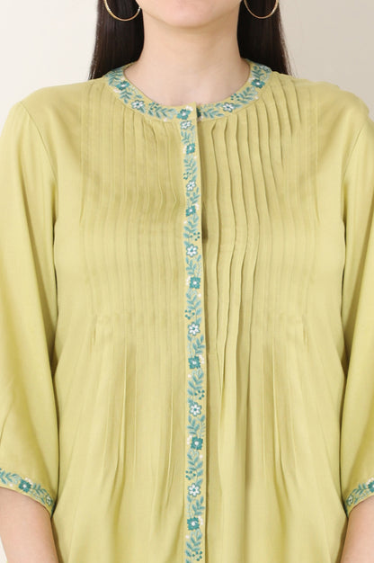 Green Solid Rayon Button Down Top With Thread Work And Pintucks