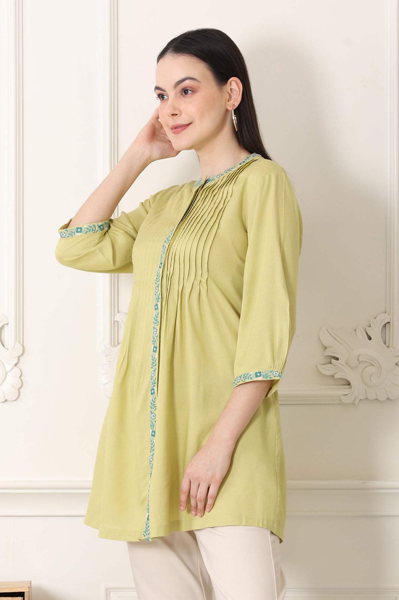 Green Solid Rayon Button Down Top With Thread Work And Pintucks