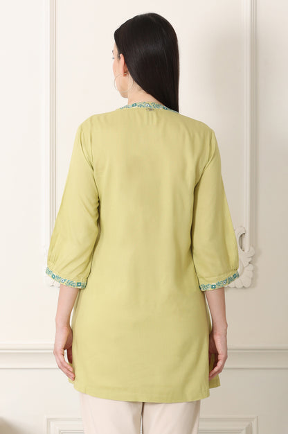 Green Solid Rayon Button Down Top With Thread Work And Pintucks