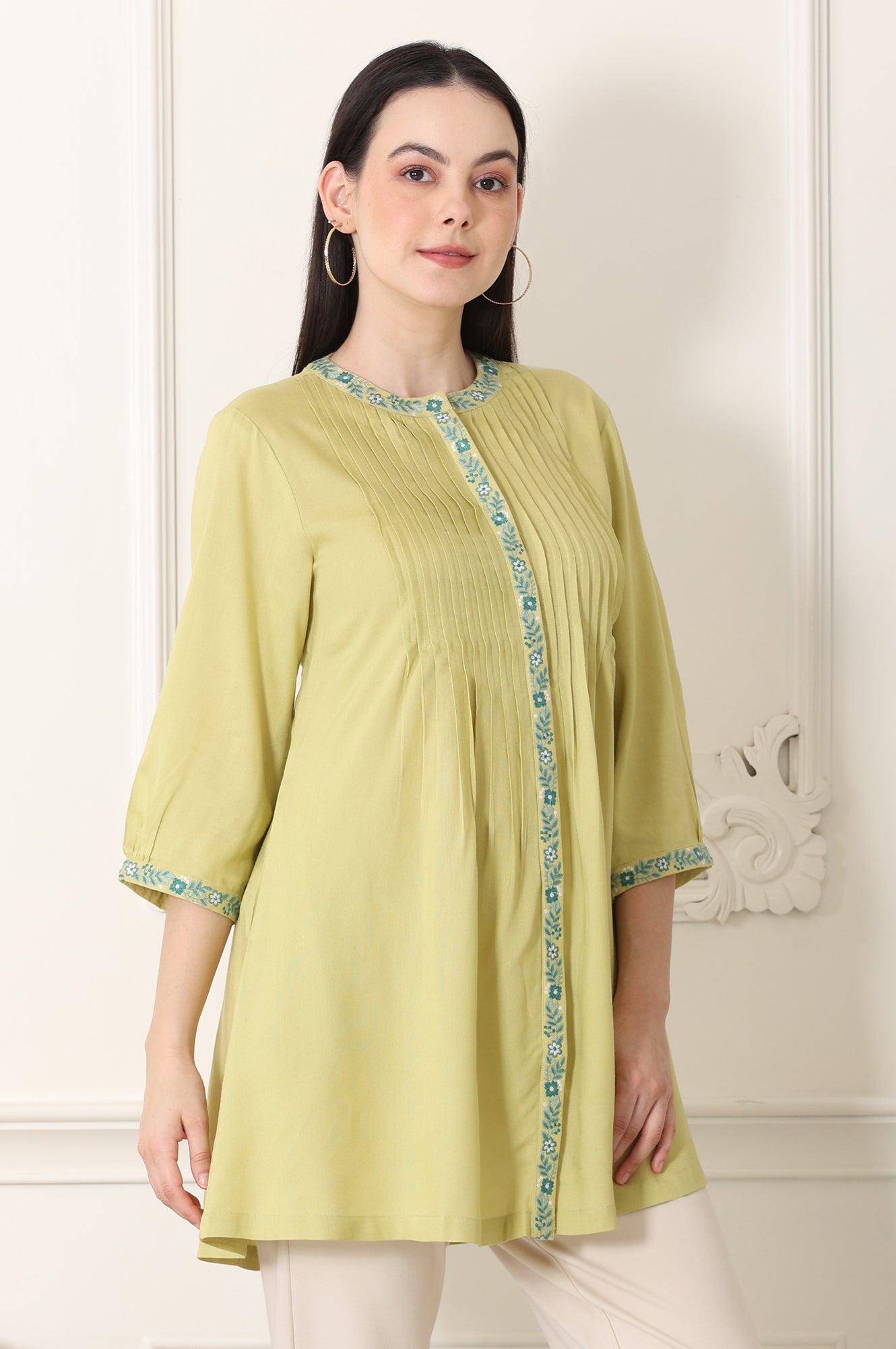 Green Solid Rayon Button Down Top With Thread Work And Pintucks