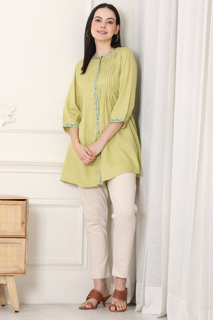 Green Solid Rayon Button Down Top With Thread Work And Pintucks