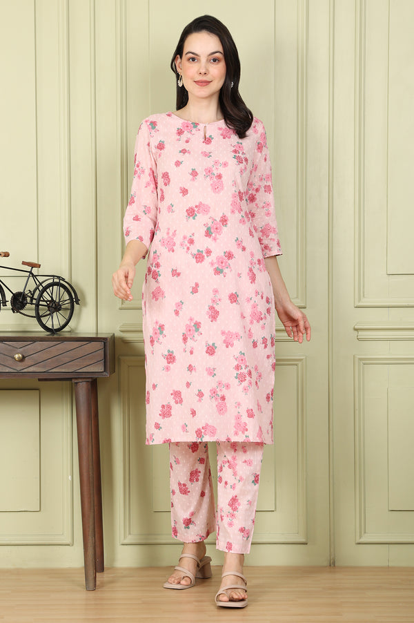 Pink Floral Printed Pure Cotton Straight Kurta And Pants Co-Ord Set