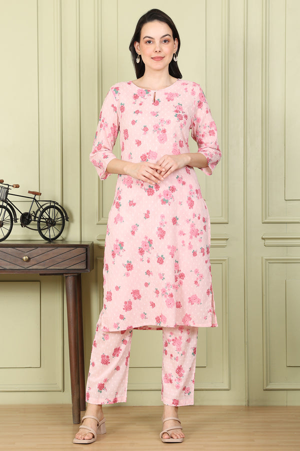 Pink Floral Printed Pure Cotton Straight Kurta And Pants Co-Ord Set