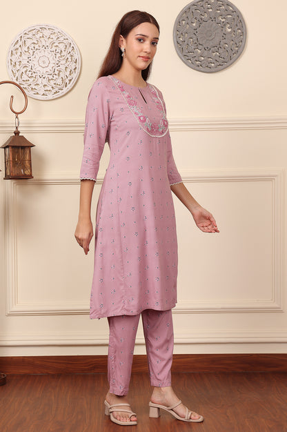 Pink Floral Printed Thread Embroidered Rayon Kurta And Pants Co-Ord Set - wforwoman