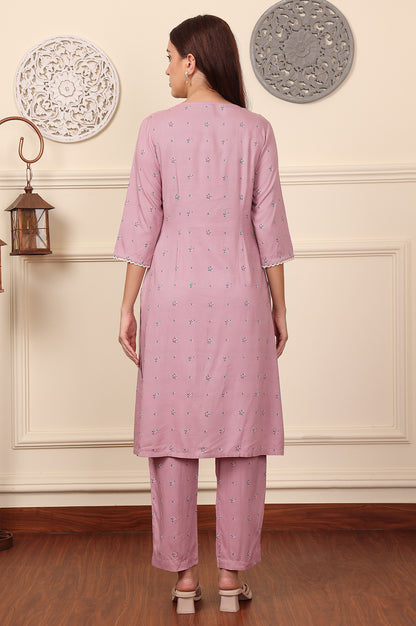 Pink Floral Printed Thread Embroidered Rayon Kurta And Pants Co-Ord Set - wforwoman