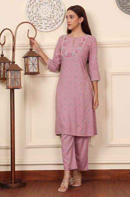 Pink Floral Printed Thread Embroidered Rayon Kurta And Pants Co-Ord Set - wforwoman