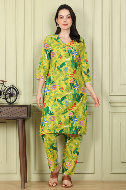 Green Floral Printed Pure Cotton Straight Kurta And Pants Co-Ord Set - wforwoman