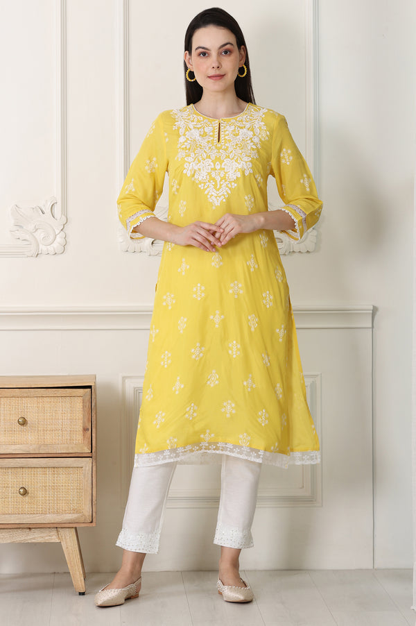 Yellow Floral Printed Dull Shantung Chikankari Straight Kurta