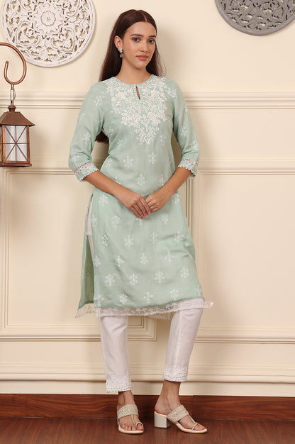 Mint Green Floral Printed Chikankari Straight Kurta - wforwoman