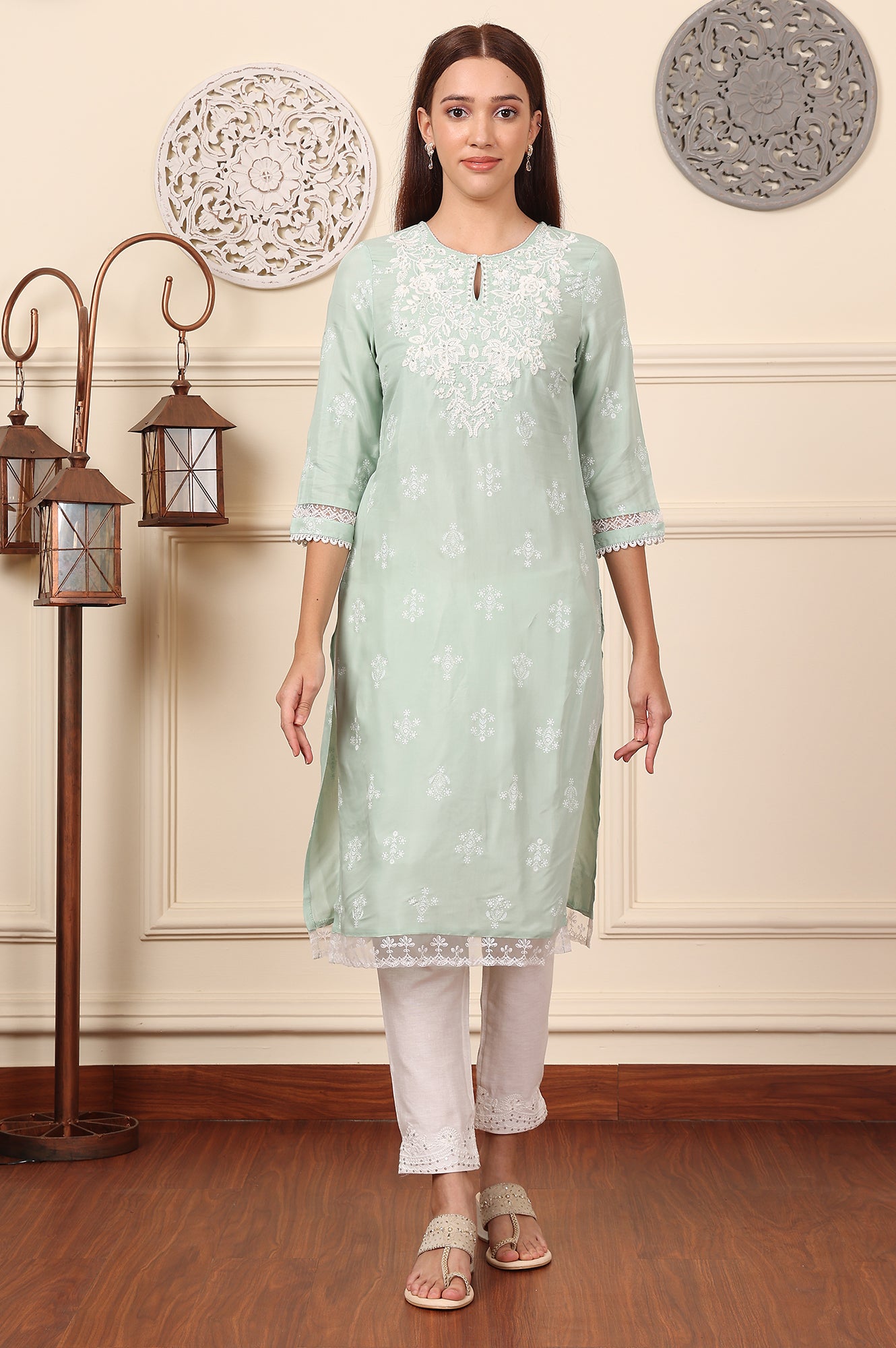 Mint Green Floral Printed Chikankari Straight Kurta - wforwoman