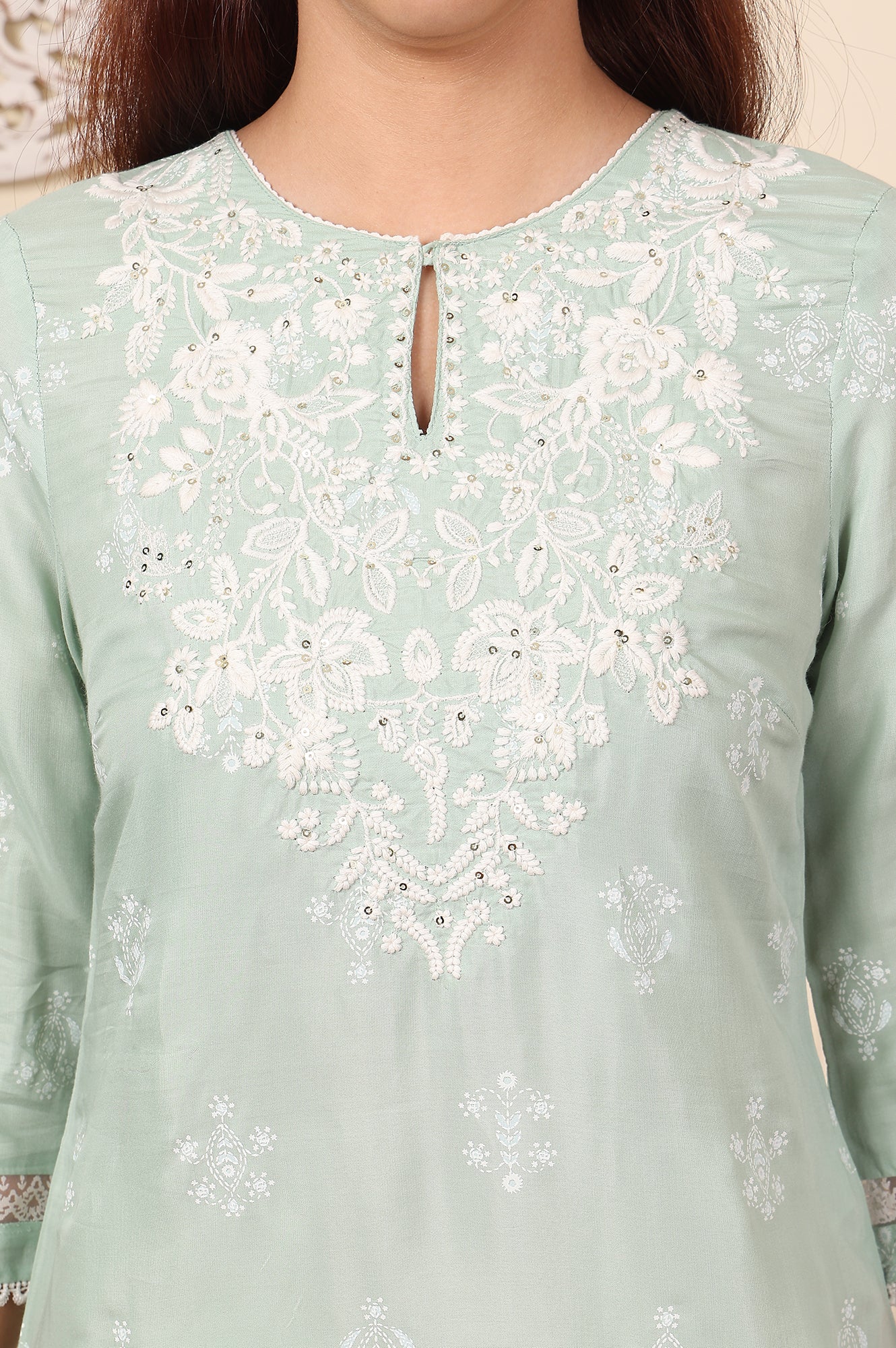 Mint Green Floral Printed Chikankari Straight Kurta - wforwoman