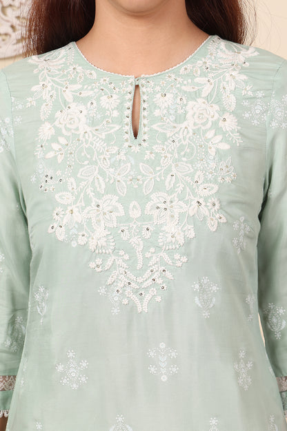 Mint Green Floral Printed Chikankari Straight Kurta - wforwoman