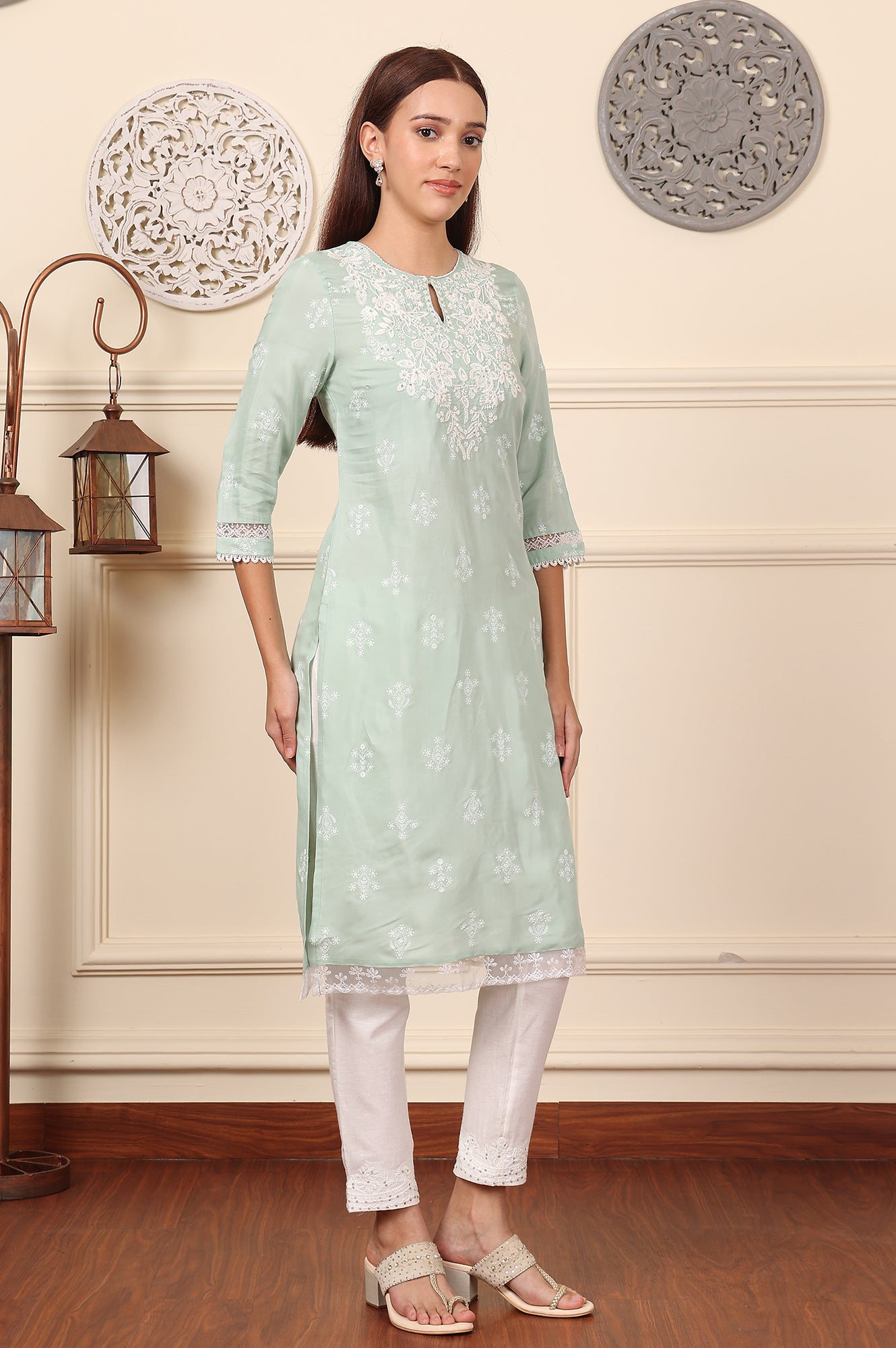 Mint Green Floral Printed Chikankari Straight Kurta - wforwoman