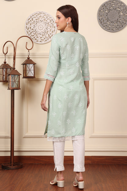 Mint Green Floral Printed Chikankari Straight Kurta - wforwoman