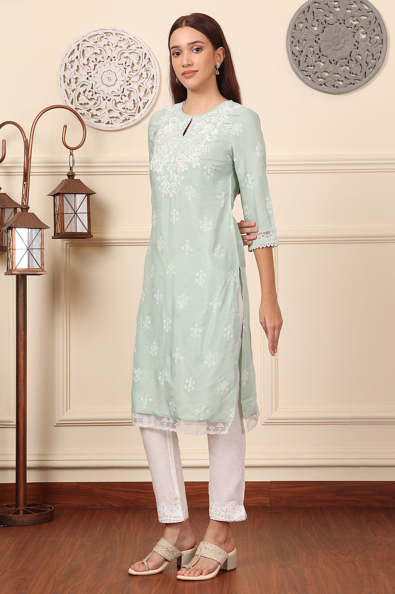 Mint Green Floral Printed Chikankari Straight Kurta - wforwoman