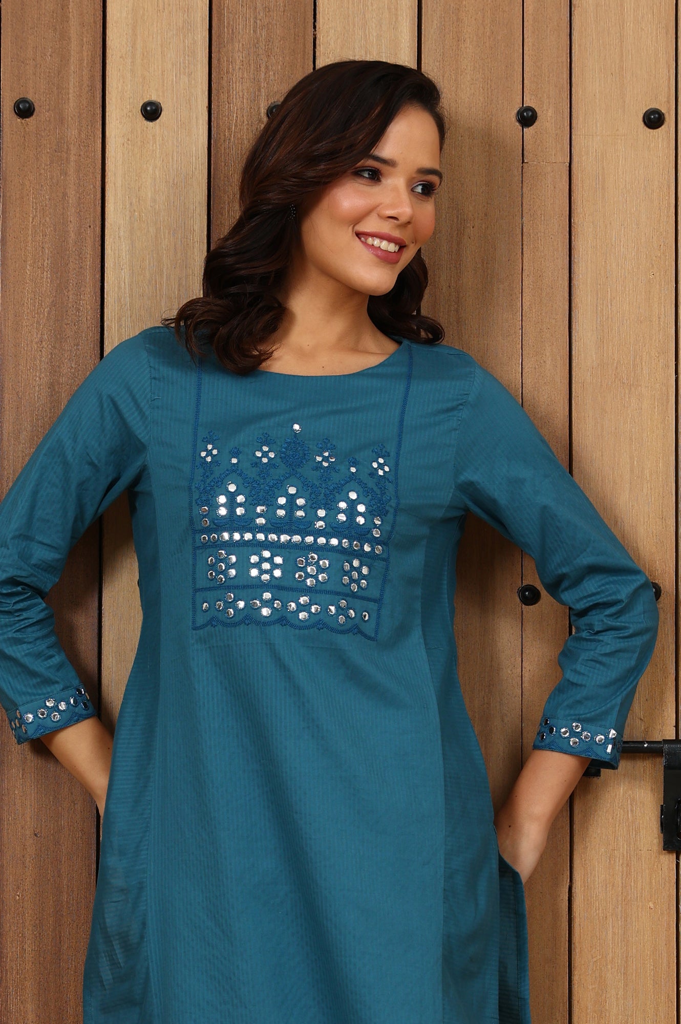 Teal Blue Mirror Work Pure Cotton Straight Kurta - wforwoman