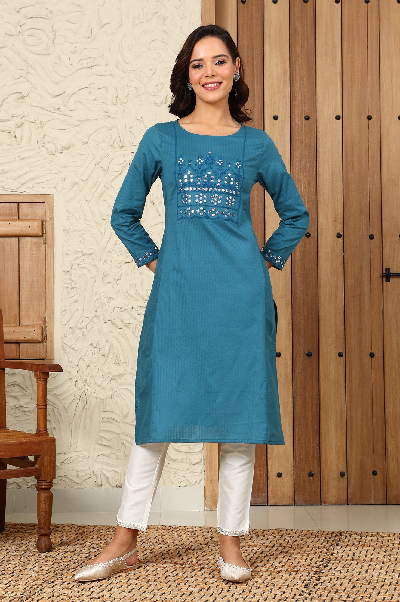 Teal Blue Mirror Work Pure Cotton Straight Kurta - wforwoman