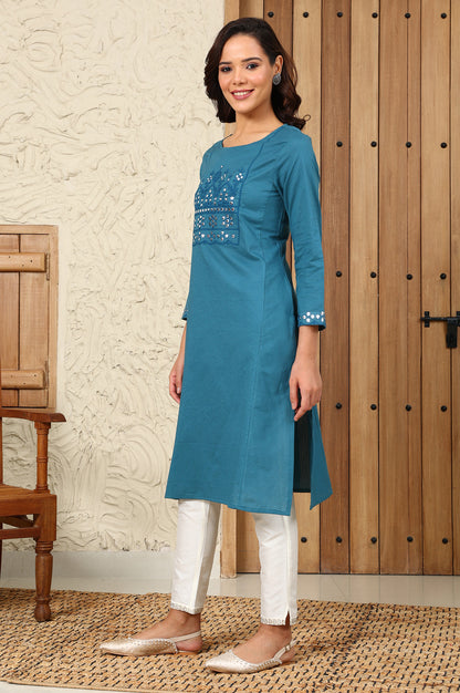 Teal Blue Mirror Work Pure Cotton Straight Kurta - wforwoman