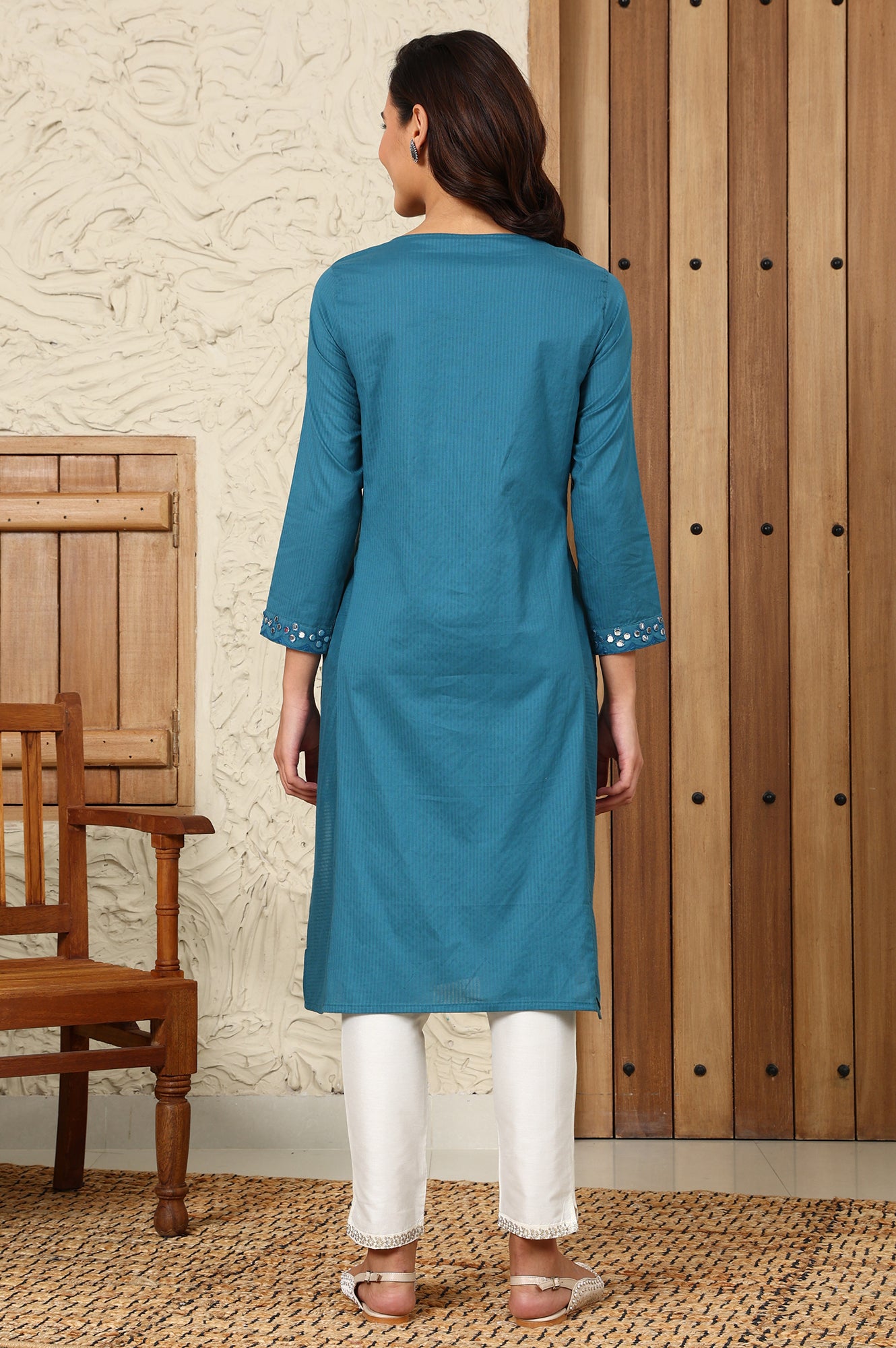 Teal Blue Mirror Work Pure Cotton Straight Kurta - wforwoman