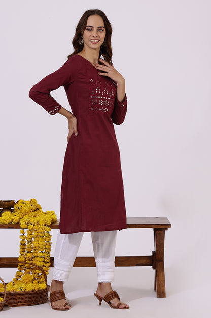 Maroon Solid Mirror work Pure Cotton Straight Kurta