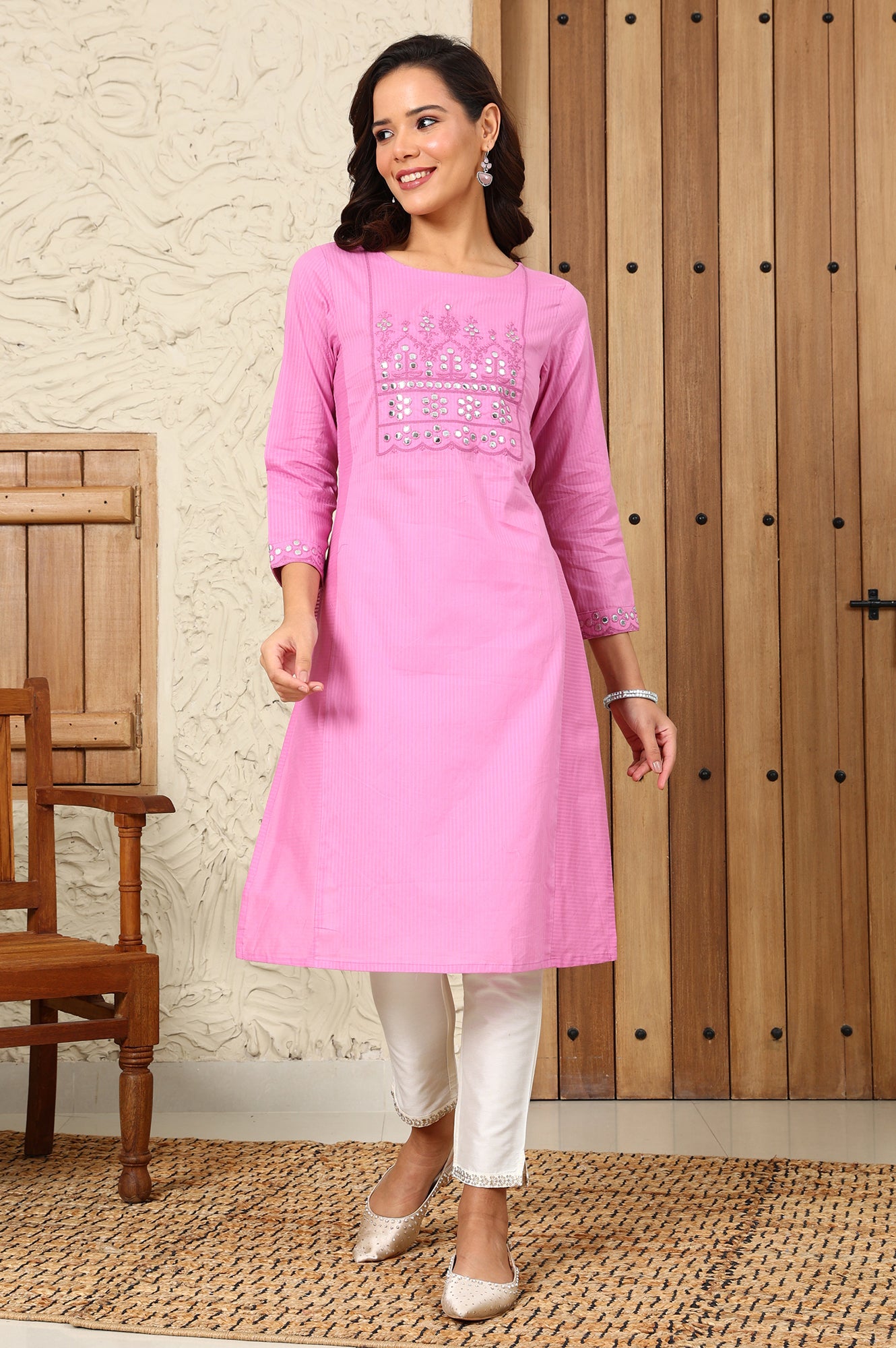 Pink Mirror Work Pure Cotton Straight Kurta - wforwoman