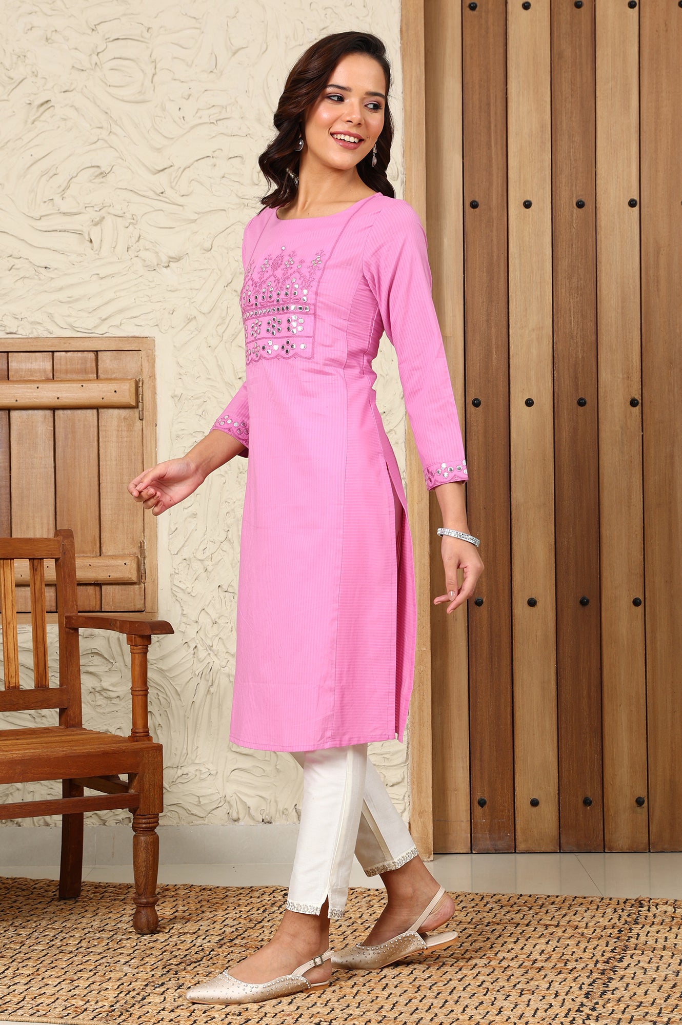 Pink Mirror Work Pure Cotton Straight Kurta - wforwoman