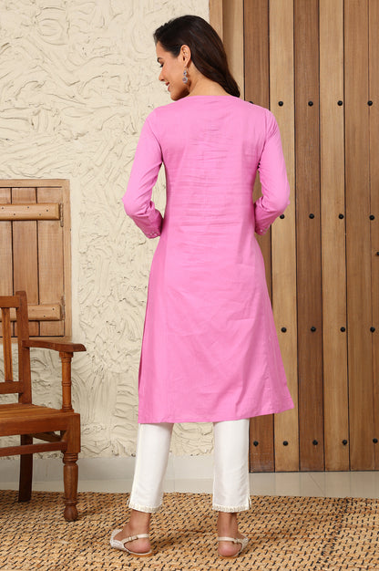 Pink Mirror Work Pure Cotton Straight Kurta - wforwoman