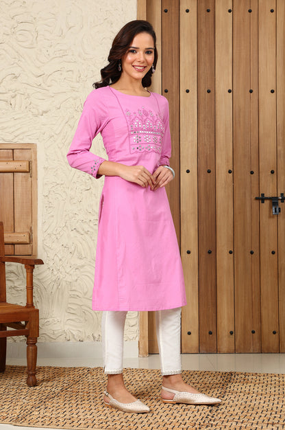 Pink Mirror Work Pure Cotton Straight Kurta - wforwoman