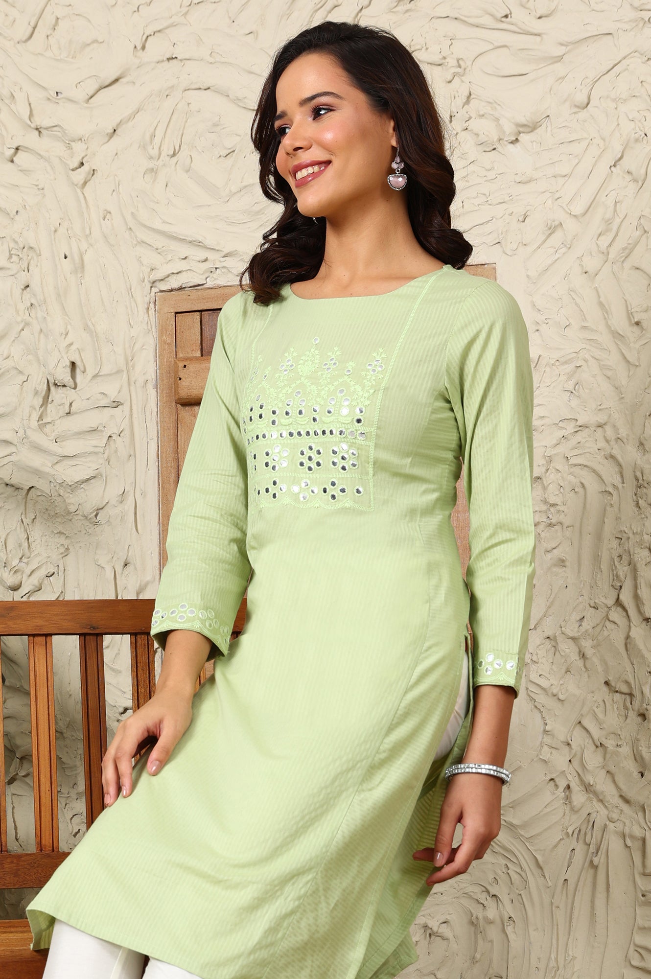 Green Mirror Work Pure Cotton Straight Kurta - wforwoman