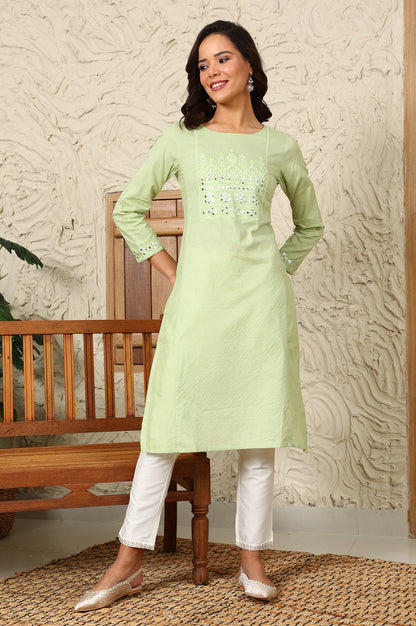 Green Mirror Work Pure Cotton Straight Kurta - wforwoman