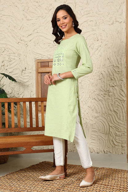 Green Mirror Work Pure Cotton Straight Kurta - wforwoman