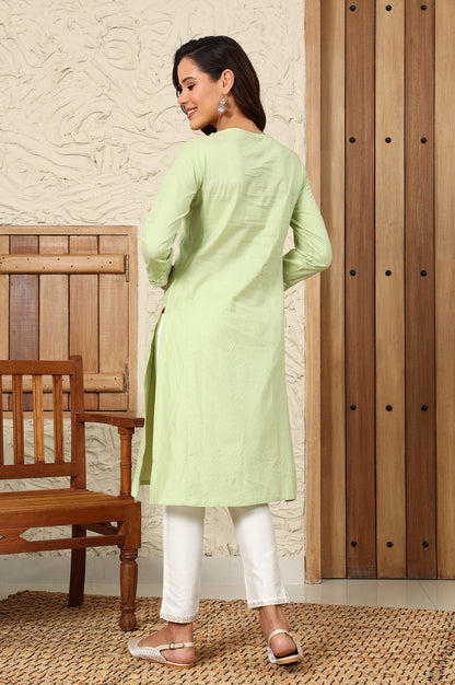 Green Mirror Work Pure Cotton Straight Kurta - wforwoman