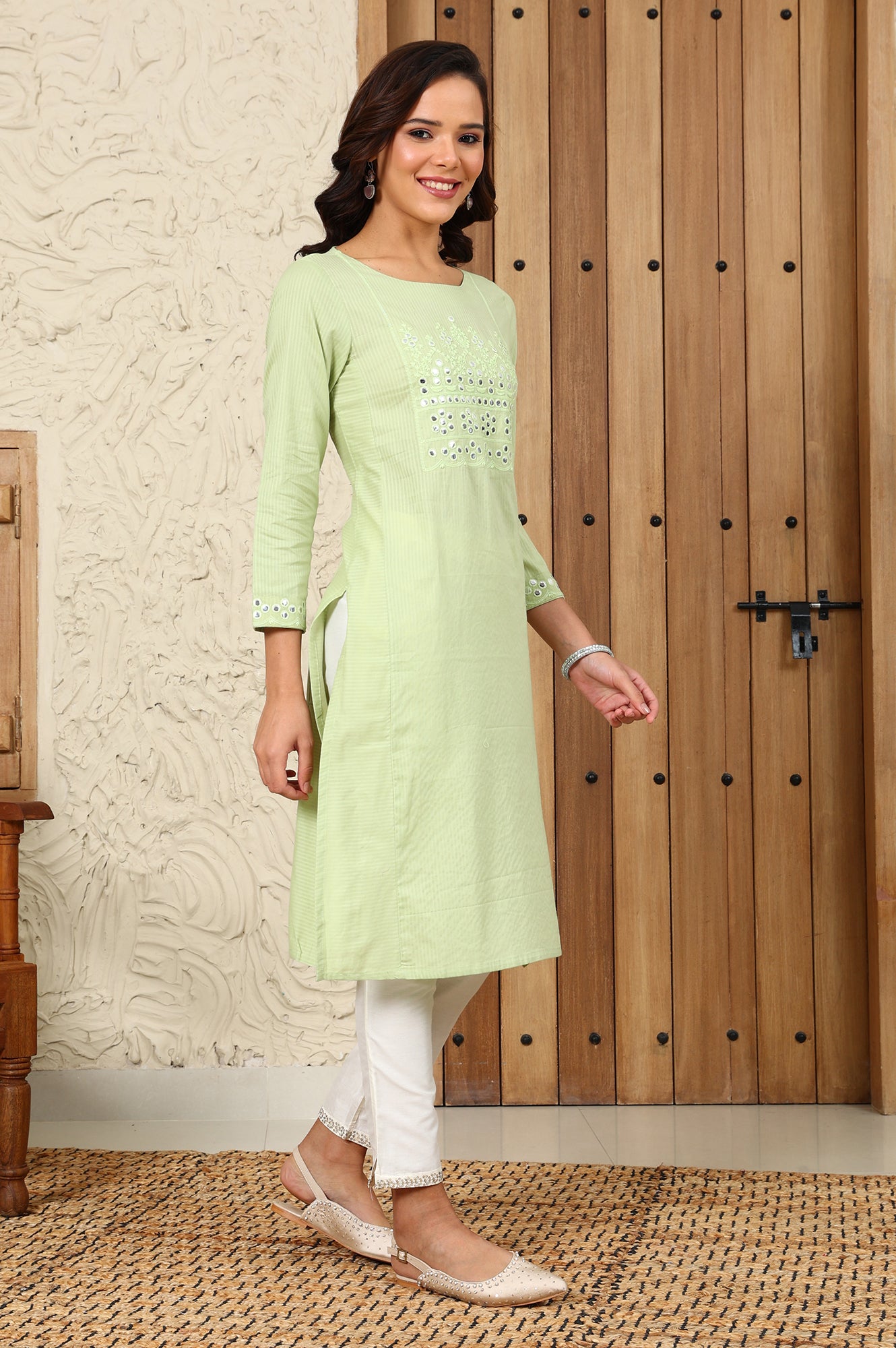 Green Mirror Work Pure Cotton Straight Kurta - wforwoman