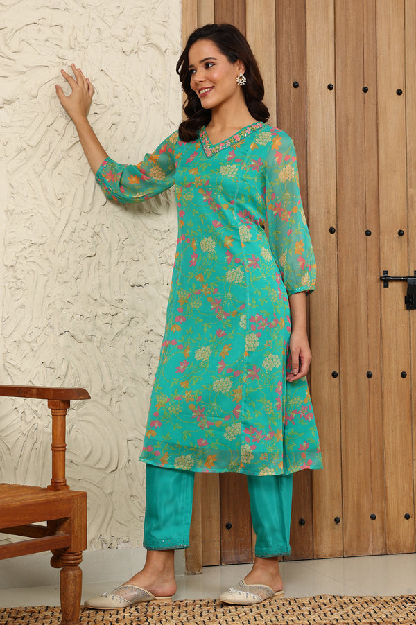 Teal Blue Floral Printed Embroidered Neckline Chiffon A-Line Kurta