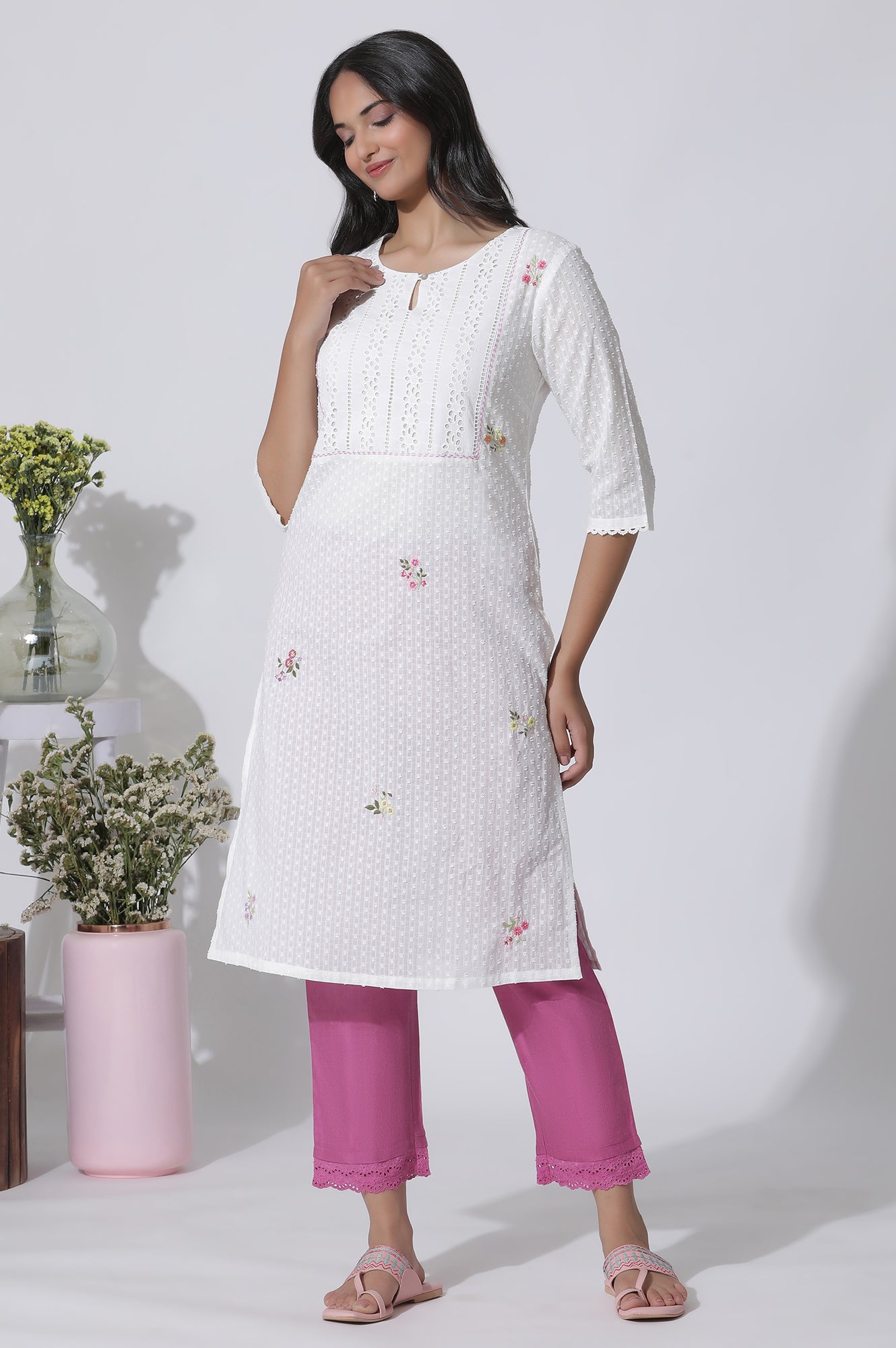 White Swiss Dot Pure Cotton Embroidered Straight Kurta With Schiffli Yoke