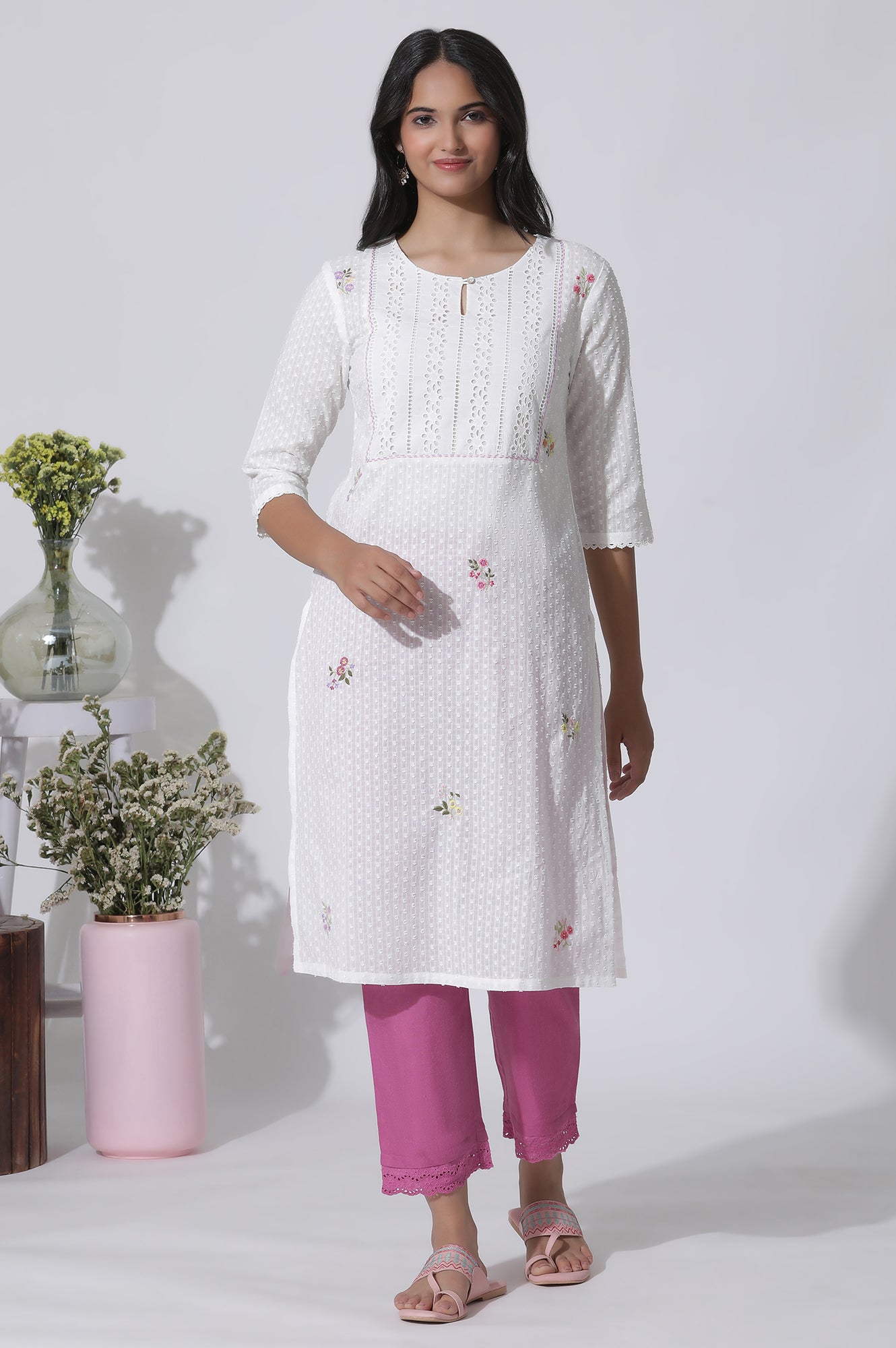 White Swiss Dot Pure Cotton Embroidered Straight Kurta With Schiffli Yoke