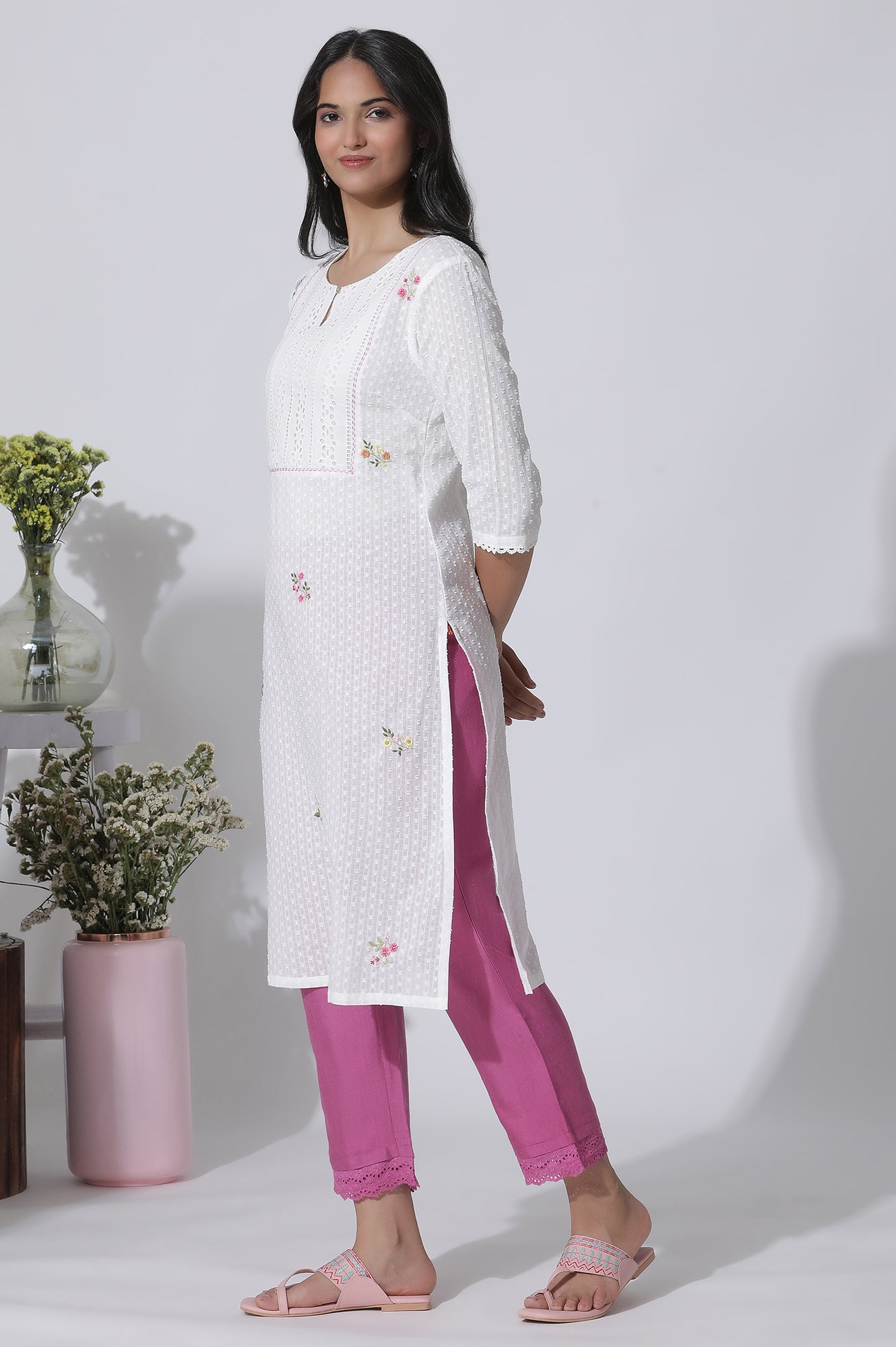 White Swiss Dot Pure Cotton Embroidered Straight Kurta With Schiffli Yoke