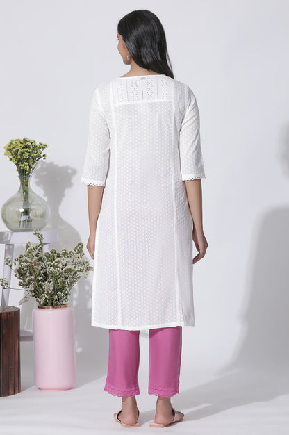 White Swiss Dot Pure Cotton Embroidered Straight Kurta With Schiffli Yoke