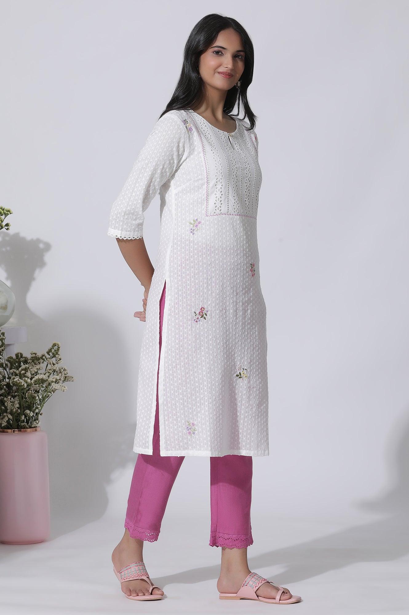 White Swiss Dot Pure Cotton Embroidered Straight Kurta With Schiffli Yoke