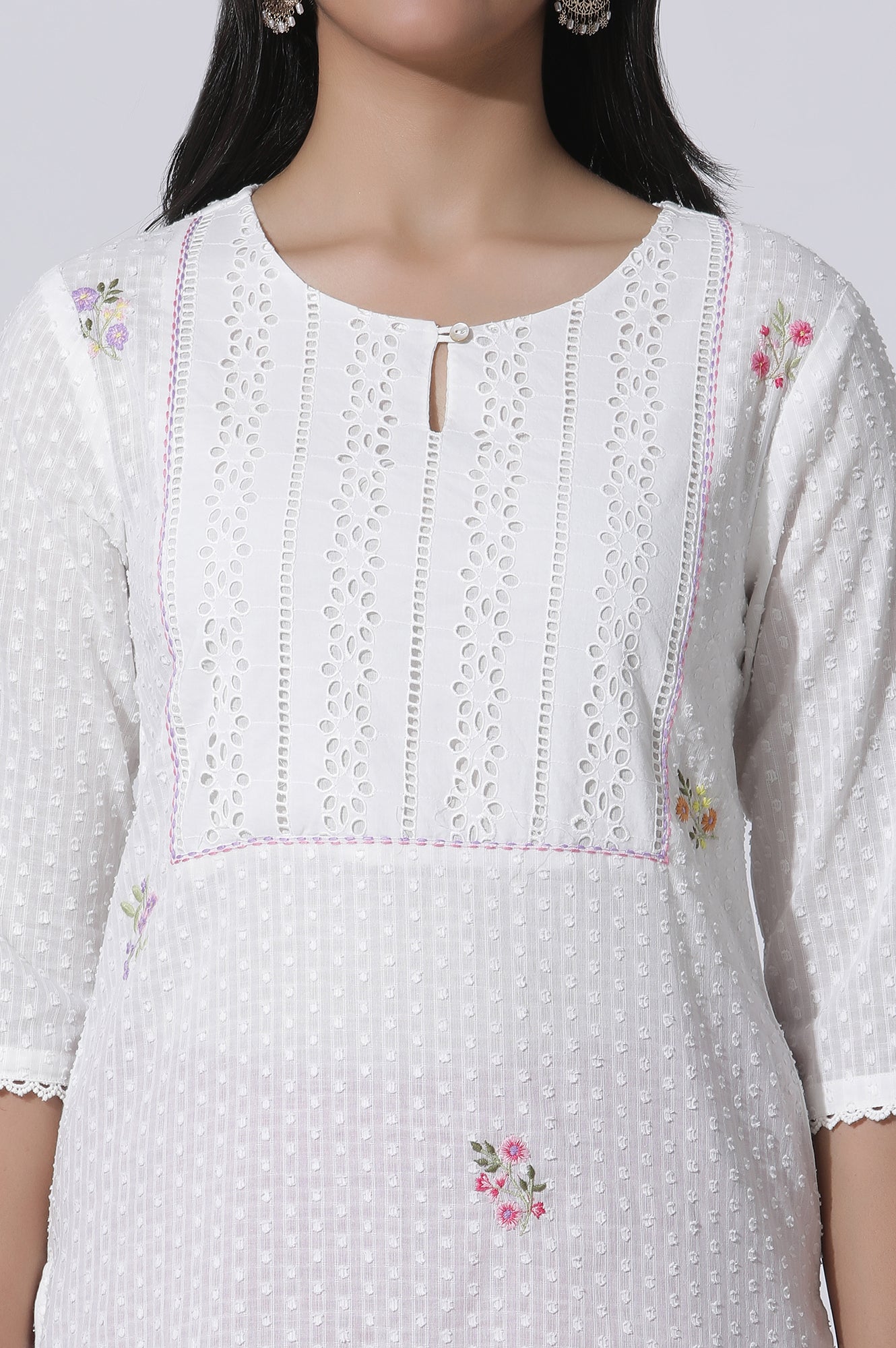 White Swiss Dot Pure Cotton Embroidered Straight Kurta With Schiffli Yoke