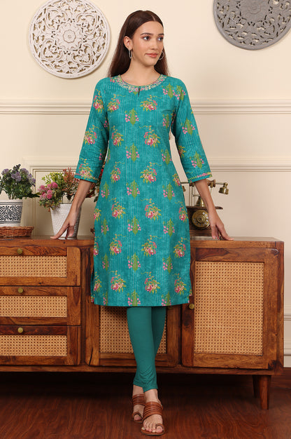 Dark Teal Floral Printed Embroidered Cotton Lurex Kurta - wforwoman