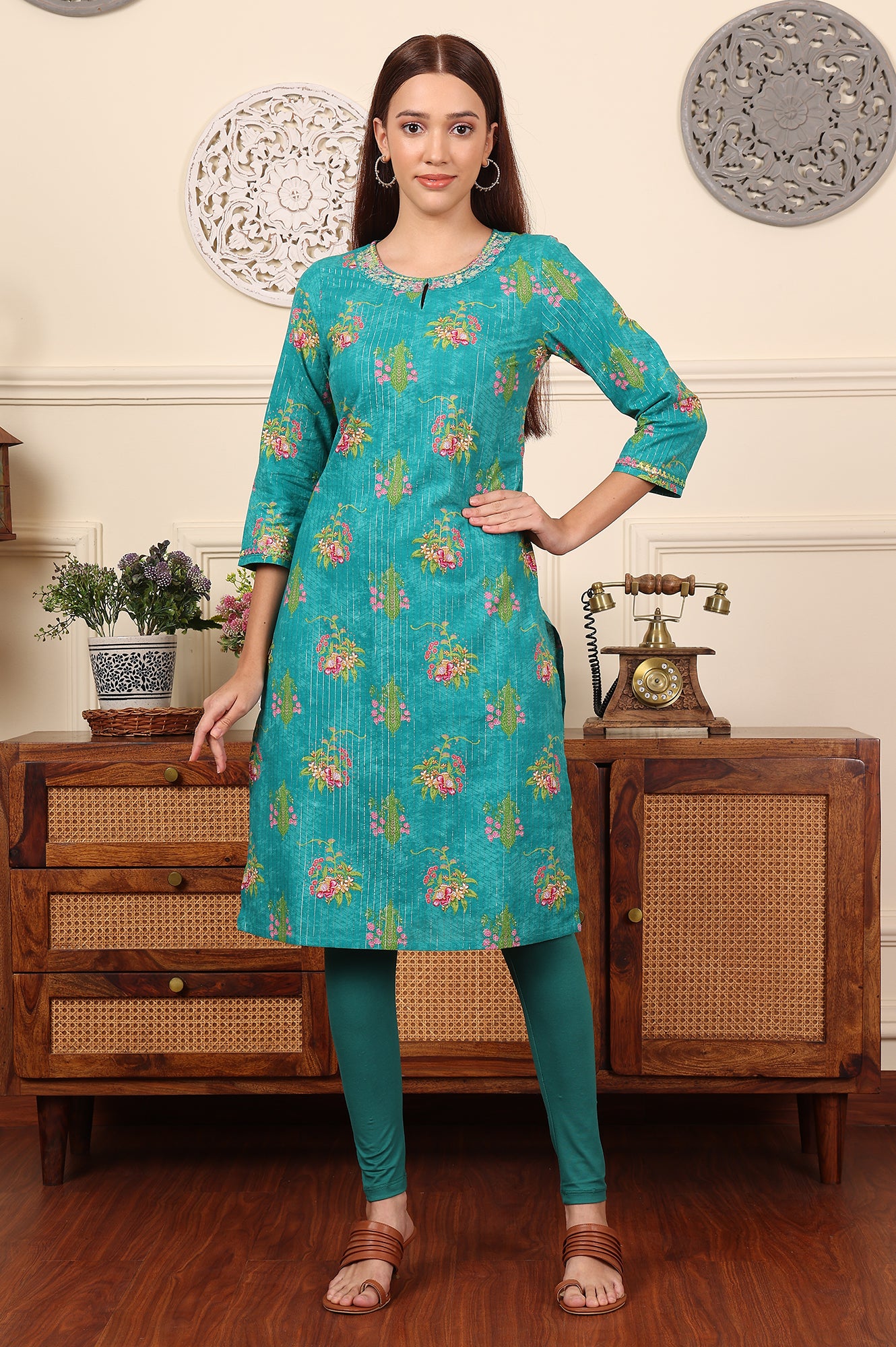 Dark Teal Floral Printed Embroidered Cotton Lurex Kurta - wforwoman