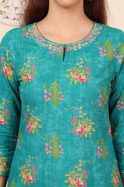 Dark Teal Floral Printed Embroidered Cotton Lurex Kurta - wforwoman