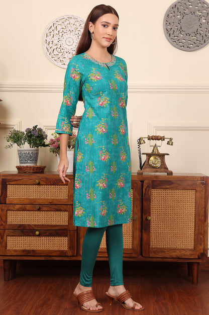 Dark Teal Floral Printed Embroidered Cotton Lurex Kurta - wforwoman